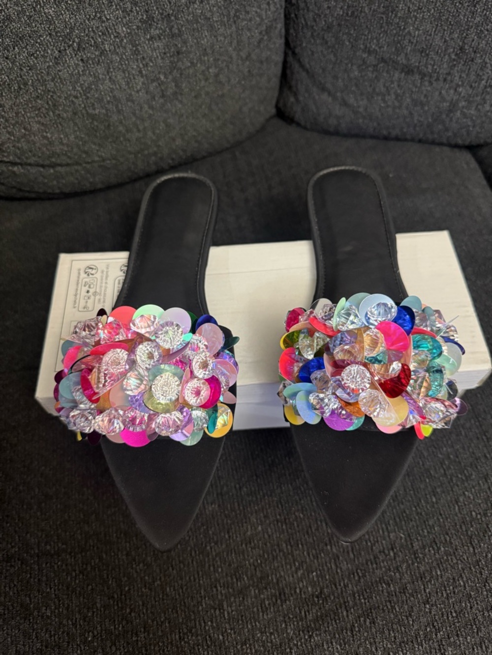 BAMBOO Black Slide Mules with Multicolor Sequin Flower Clusters